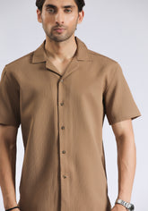 Cuban Collar Brown Textured Shirt